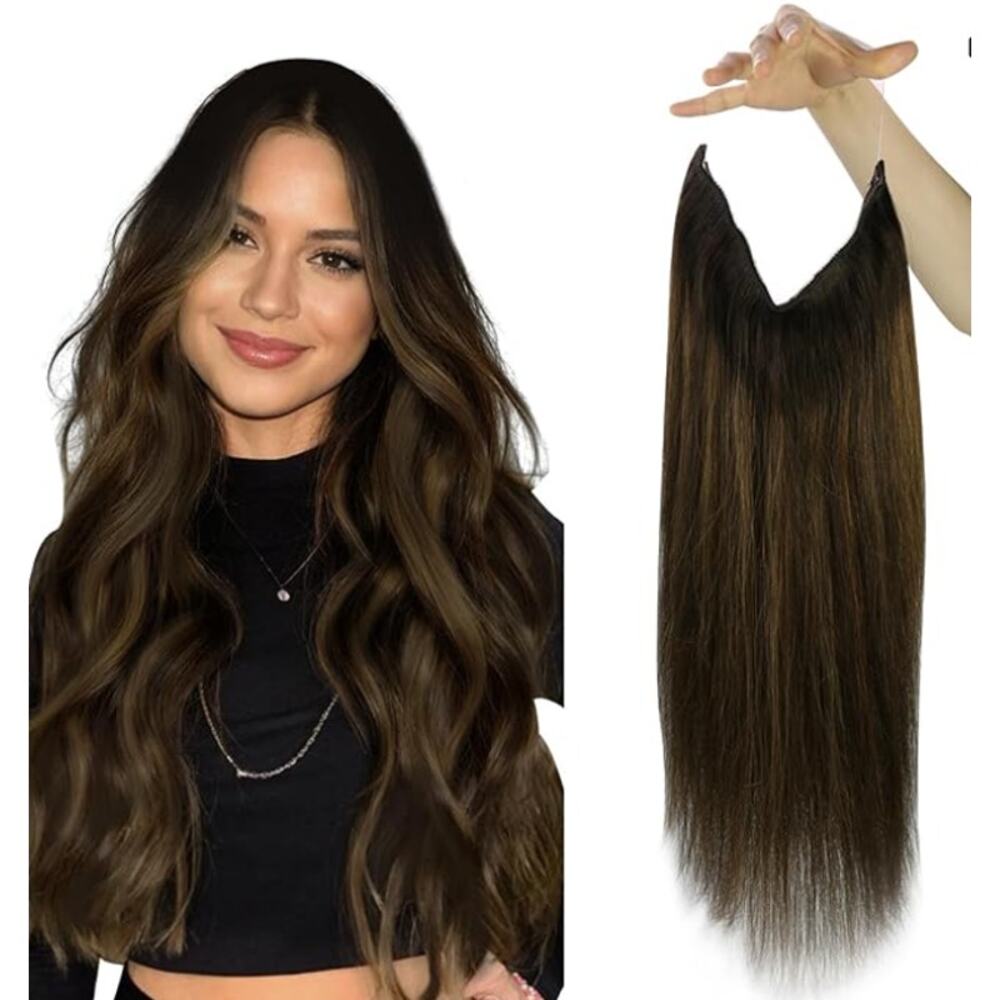 Open Box Sunny Brown Fish Line Human Hair Extensions Darkest Brown 18inch 80g